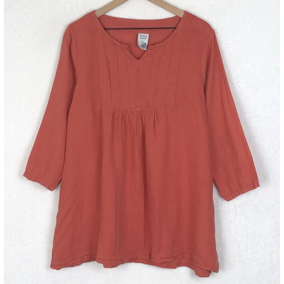 MATCH POINT 100% Linen Tunic Top Sz L Coral 3/4 Slv Boho Lagenlook USA Made - Picture 1 of 10